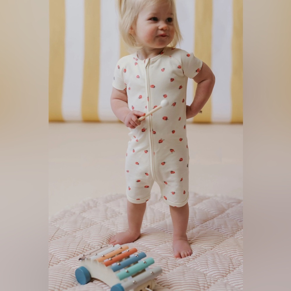 Pehr 100% Cotton Short Zip Sleeper Pajamas Ladybug Print 3-6 Months